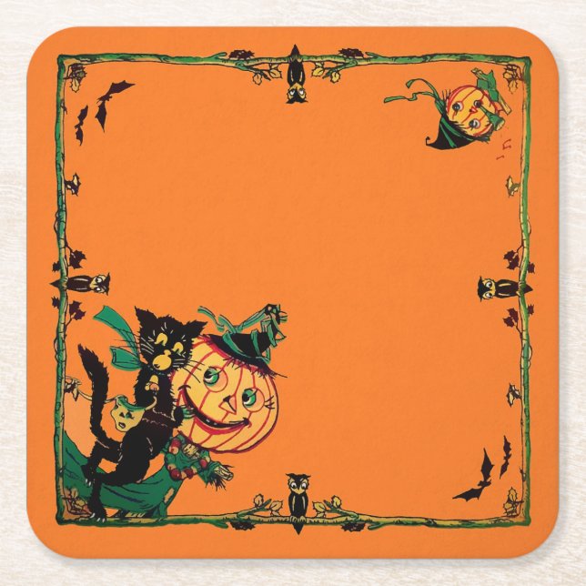 Posavasos Cuadrado De Papel Naranja Retro Halloween  (Anverso)