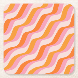 Posavasos Cuadrado De Papel Naranja rosa de barrido arco iris Resumen sol retr