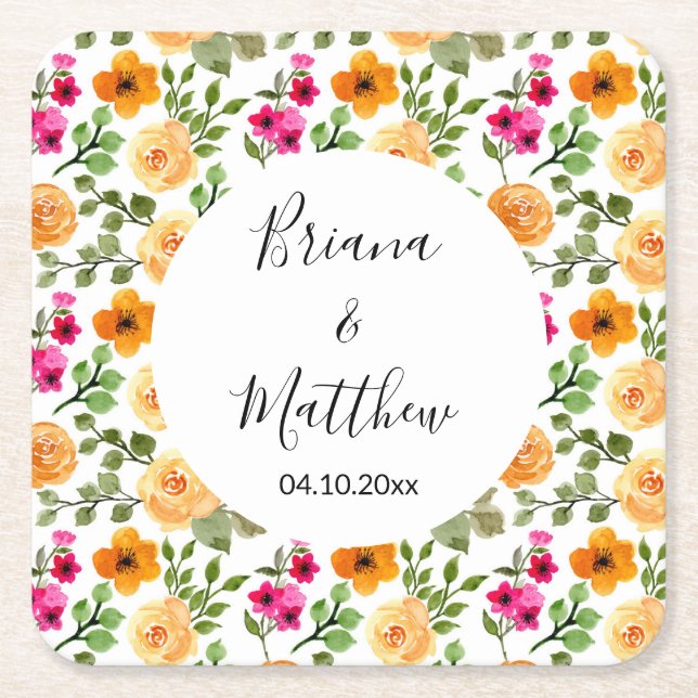 Posavasos Cuadrado De Papel Naranja rosado Summer Floral (Anverso)