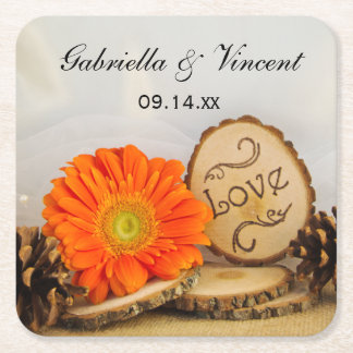Posavasos Cuadrado De Papel Naranja ruso Daisy Woodland Boda