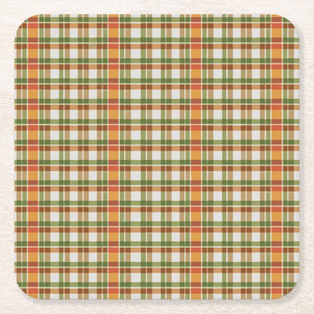 Posavasos Cuadrado De Papel Naranja Verde Gingham (Anverso)