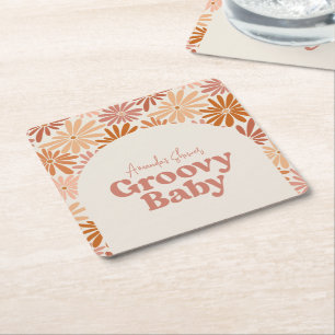 Posavasos Cuadrado De Papel Naranja y color rosa retro Floral Groovy Baby Show