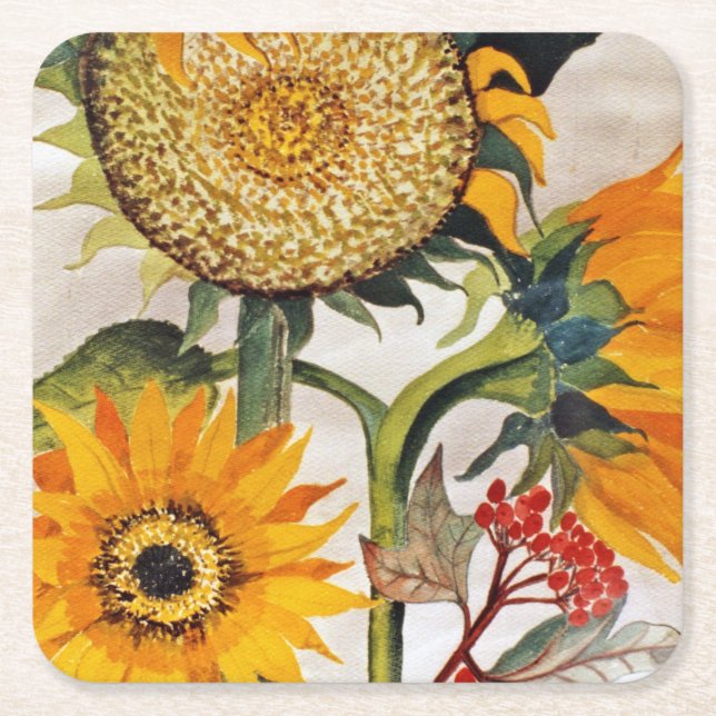 Posavasos Cuadrado De Papel Naranja Yellow Seeding Sunflower Art (Anverso)