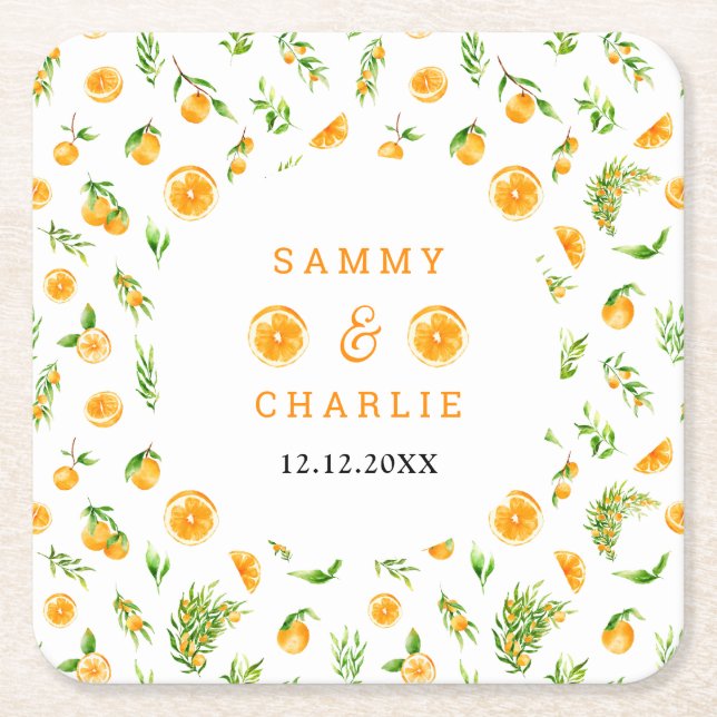 Posavasos Cuadrado De Papel Naranjas Citrus Boda (Anverso)