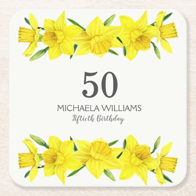 Posavasos Cuadrado De Papel Narciso Amarillo Cumpleaños 50 (Anverso)