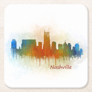 Posavasos Cuadrado De Papel Nashville Tennessee Skyline watercolor art v3