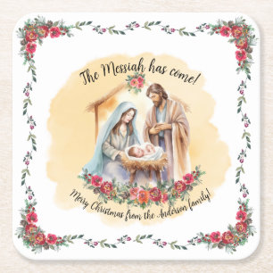 Posavasos Cuadrado De Papel Natividad acuarela y toallas de personalizable par
