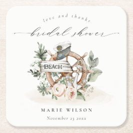 Posavasos Cuadrado De Papel Nautical Anchor Wheel Leafy Floral Bridal Shower