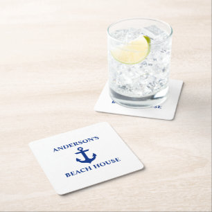 Posavasos Cuadrado De Papel Nautical Beach House Family Name Anchor
