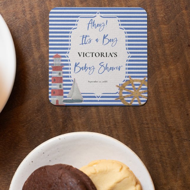 Posavasos Cuadrado De Papel Nautical Boy Baby Shower (Subido por el creador)