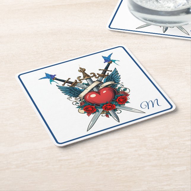 Posavasos Cuadrado De Papel Nautical Heart Floral Rojo Azul (En perspectiva)