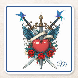 Posavasos Cuadrado De Papel Nautical Heart Floral Rojo Azul