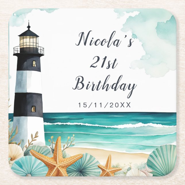 Posavasos Cuadrado De Papel Nautical Lighthouse Birthday (Anverso)