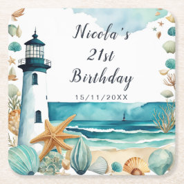 Posavasos Cuadrado De Papel Nautical Lighthouse Birthday
