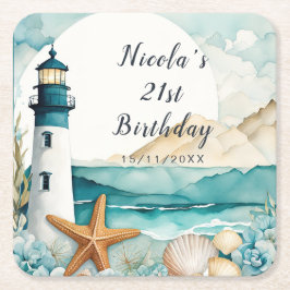 Posavasos Cuadrado De Papel Nautical Lighthouse Birthday