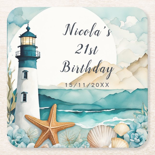 Posavasos Cuadrado De Papel Nautical Lighthouse Birthday (Anverso)