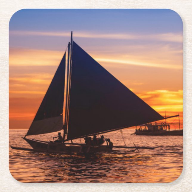 Posavasos Cuadrado De Papel Navegación de Paraw en la puesta del sol (Anverso)