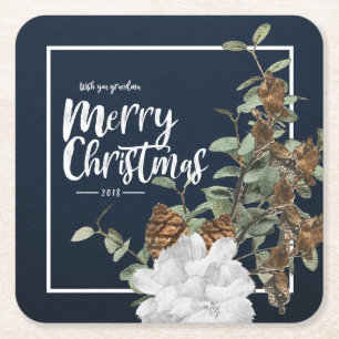 Posavasos Cuadrado De Papel Navidad Alegre/Negro y Blanco/ Marco Contemporáneo