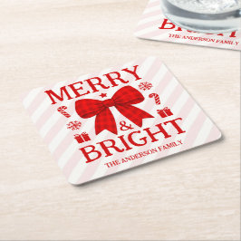 Posavasos Cuadrado De Papel Navidad Alegre y Brillante con Lazo de Gingham Roj