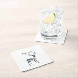 Posavasos Cuadrado De Papel Navidad Ciervo Blanco Azul Nórdico