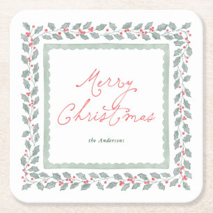 Posavasos Cuadrado De Papel Navidad de Acuarela de Acebo Cottagecore