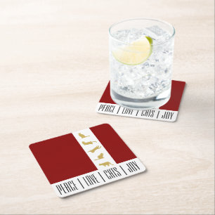 Posavasos Cuadrado De Papel Navidad Gato Chic Moderno Rojo Blanco y Dorado