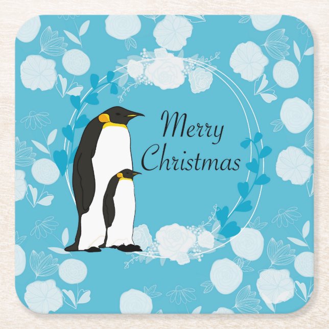 Posavasos Cuadrado De Papel navidad, navidades, pingüino, flores (Anverso)