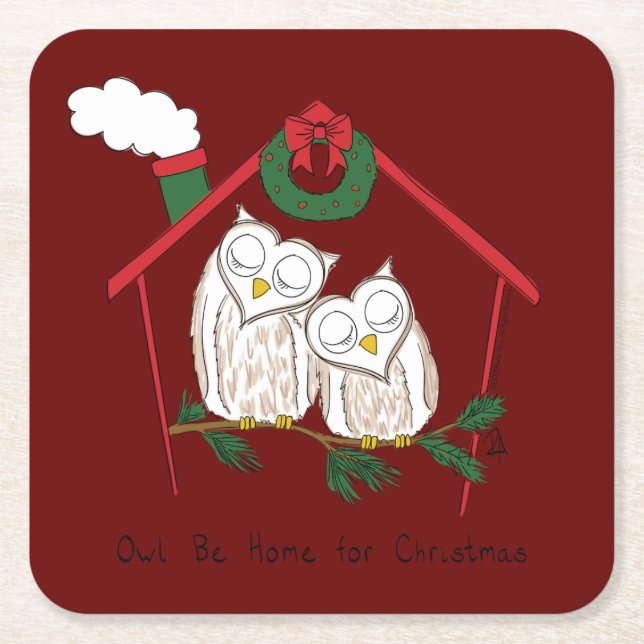 Posavasos Cuadrado De Papel Navidad Owl Be Home Cute (Anverso)