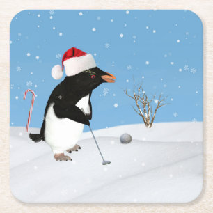 Posavasos Cuadrado De Papel Navidad, pingüino que juega a golf