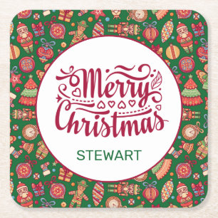Posavasos Cuadrado De Papel Navidad Retro Personalizada
