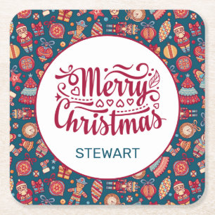 Posavasos Cuadrado De Papel Navidad Retro Personalizada