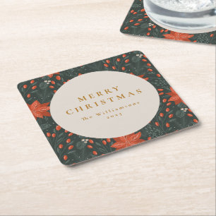 Posavasos Cuadrado De Papel Navidad Vintage Rojo Botánico Personalizado