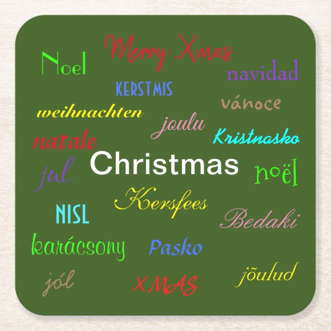 Posavasos Cuadrado De Papel Navidades alrededor del mundo verde moderno (Anverso)