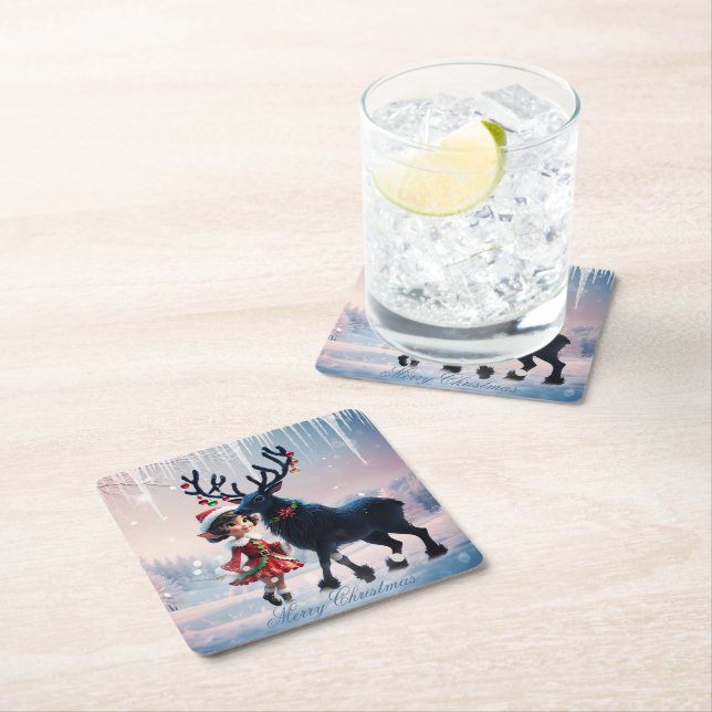 Posavasos Cuadrado De Papel Navidades amables y renos oscuros. (In situ)