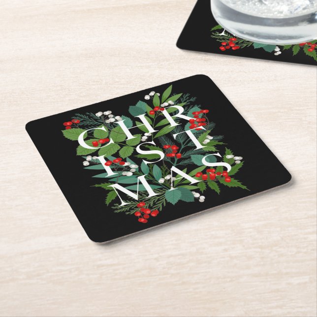 Posavasos Cuadrado De Papel NAVIDADES Berries Greenery Holiday Black (En perspectiva)