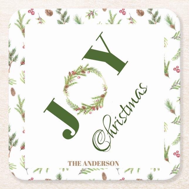 Posavasos Cuadrado De Papel Navidades botánicos elegantes Joy Navidades Wreath (Anverso)