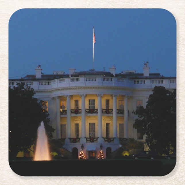 Posavasos Cuadrado De Papel Navidades Casa Blanca de noche en Washington DC (Anverso)