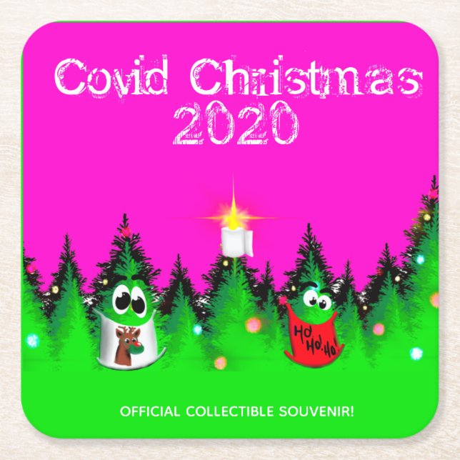 Posavasos Cuadrado De Papel Navidades cómicos árboles navideños con máscara (Anverso)