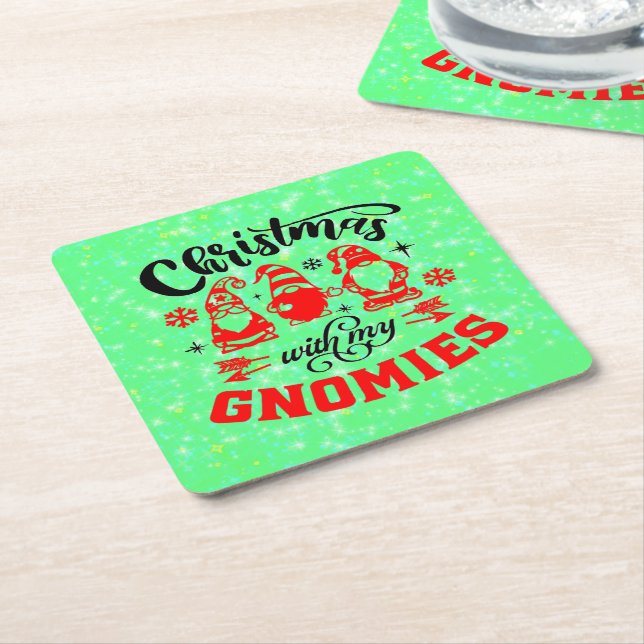 Posavasos Cuadrado De Papel Navidades con mis gnomos - Gracioso Verde Rojo (En perspectiva)