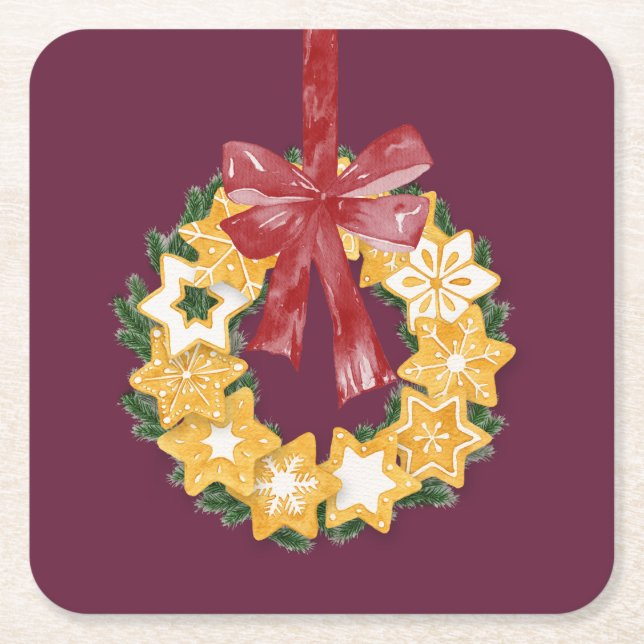 Posavasos Cuadrado De Papel Navidades Cookie Wreath con fondo de ciruela profu (Anverso)