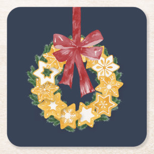 Posavasos Cuadrado De Papel Navidades Cookie Wreath con fondo gris azul