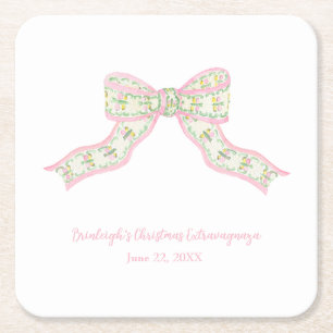 Posavasos Cuadrado De Papel Navidades Coquette Pink Green Bow