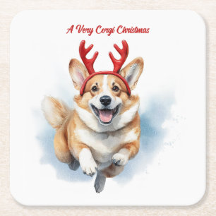 Posavasos Cuadrado De Papel Navidades Corgi con corbatas de renos saltando