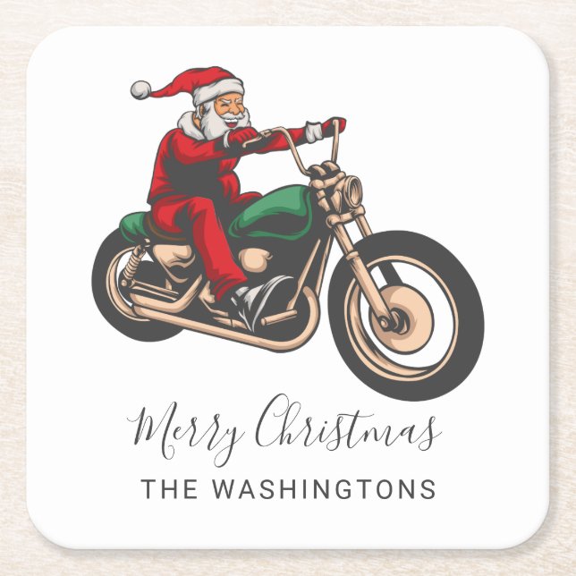 Posavasos Cuadrado De Papel Navidades Cute Bike Rider Santa (Anverso)