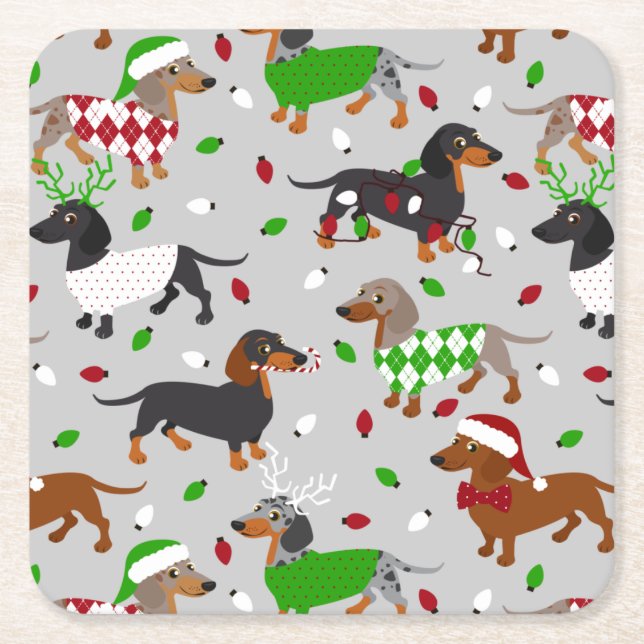 Posavasos Cuadrado De Papel Navidades Dachshund All Coats (Anverso)