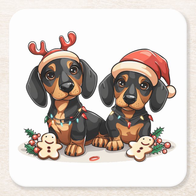 Posavasos Cuadrado De Papel Navidades Dachshund Dogs (Anverso)