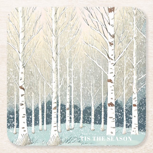 Posavasos Cuadrado De Papel Navidades de Birch Trees Snowy  ID1003 Verde azula (Anverso)