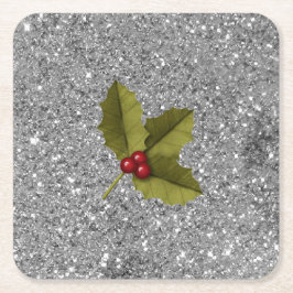 Posavasos Cuadrado De Papel Navidades de Bling Holly Berry Leaf Silver Purpuri