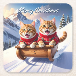 Posavasos Cuadrado De Papel Navidades de Cats Sled Ride