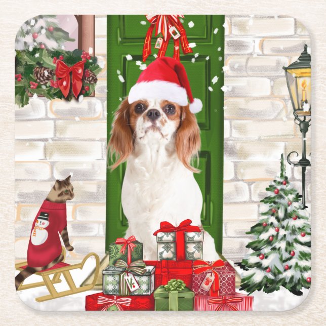 Posavasos Cuadrado De Papel Navidades de Cavalier King Dog (Anverso)